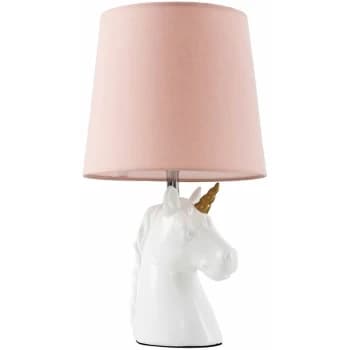 White & Gold Ceramic Unicorn Table Lamp + Dusty Pink Light Shade - No Bulb