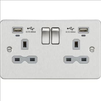 KnightsBridge Flat plate 13A 2G switched socket with USB chargers (2.4A) - Brushed Chrome with grey insert