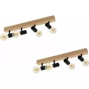 2 pack Wall Light Colour Brown Wood Back Plate Black Bulb Holder Bulb E27 4x60W