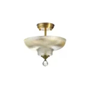 Dresden 2 Light Semi Flush Ceiling Lamp E27 With Round 30cm Glass Shade Antique Brass, Clear