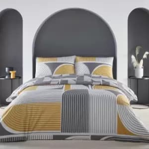 Style Kali Geometric Print 100% Cotton Reversible Duvet Cover Set, Ochre/Grey, Double - Appletree