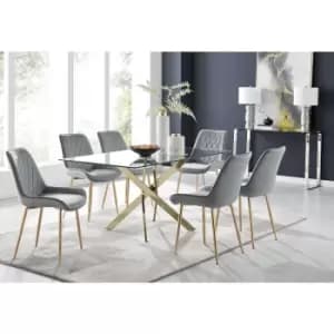 Furniturebox Leonardo 150cm Modern Glass And Gold Metal Dining Leg Table And 6 Elephant Grey Pesaro Velvet Gold Leg Dining Chairs