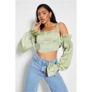 I Saw It First Sage Long Sleeve Cut Out Satin Corset - Green