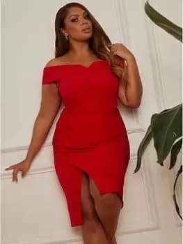 Chi Chi London Bardot Split Detail Bodycon Midi Dress In Red, Red, Size 12, Women