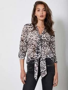 Mint Velvet Amber Animal Print Tie Neck Longline Blouse - Neutral