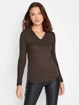Long Tall Sally Ls Ribbed Collar Top - Brown, Size 10, Women