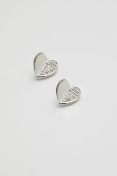 Recycled Sterling Silver 925 Mini Heart Polished And Pave Stud Earrings