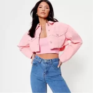 I Saw It First Raw Hem Cropped Denim Jacket - Pink