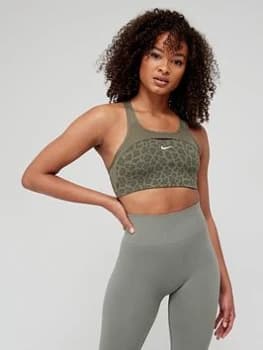 Nike Medium Support Swoosh Leopard Print Bra - Olive Size L, Women