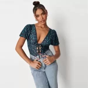 Missguided Floral Print Plunge Lace Up Bodysuit - Black
