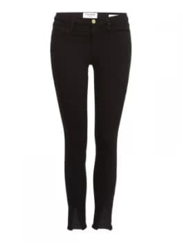 Frame High Rise Split Front Skinny Jeans in Film Noir Black
