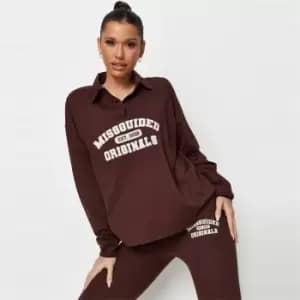 Missguided Co-Ord Ribbed Polo Shirt - Brown