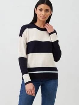 Oasis Block Stripe Perfect Crew Jumper - Navy, Size L, Women