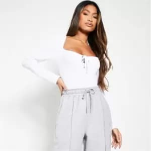 I Saw It First Viscose Rib Long Sleeve Tie Front Bodysuit - White