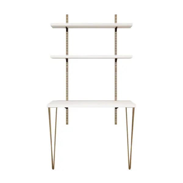 Rothley Home Office Desk Kit with Antique Brass Hairpin Legs, Twinslot Brackets and Uprights - White White