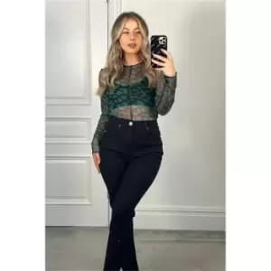 I Saw It First Teal Seam Detail Printed Mesh Long Sleeve Bodysuit - Green