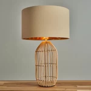 Hollins Large Natural Rattan Table Lamp with Beige and Gold Reni Shade