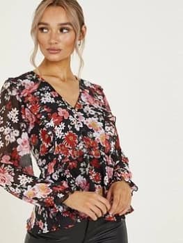 Quiz Black Floral Chiffon Peplum Top - 8