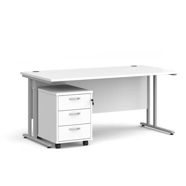 Maestro 25 Straight Desk Silver Frame White Table Top and 3 Drawer Pedestal - 1600mm