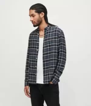 AllSaints Mens Mettah Check Ramskull Shirt, Grey Tide Blue, Size: S