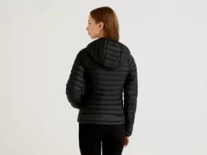 Benetton, Black Puffer Jacket With Hood, taglia 40, Black, Women