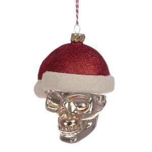 Skull in Santa Hat Glass Christmas Bauble Decoration