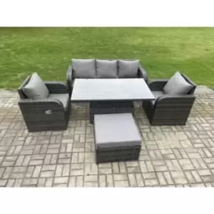 Fimous 5 Seater Outdoor Dark Grey Rattan Lounge Complete Sofa Set with Regular Adjustable Dining Table and Big Footstool