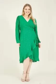 Green Frill Plus Size Spotted Long Sleeve Wrap Dress