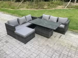 Fimous 6 Seater Outdoor Dark Grey Rattan Lounge Complete Sofa Set with Adjustable Rising Lifting Dining Table and Big Footstool