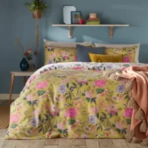 Furn. Azalea Bamboo Floral Reversible Duvet Cover and Pillowcase Set Green/Pink/Yellow