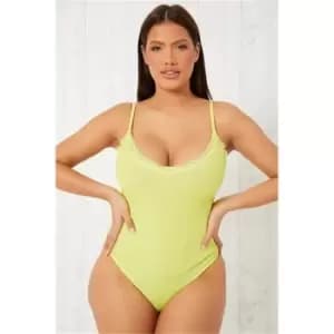 I Saw It First Lime Green Rib Lace Trim Cami Bodysuit - Green