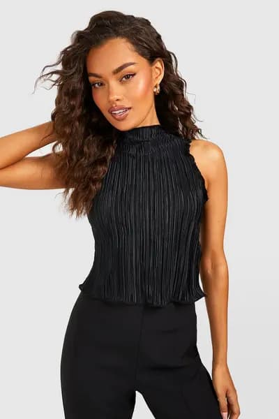 boohoo Plisse High Neck Top Black