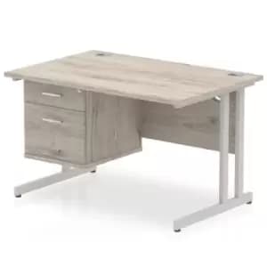 Impulse 1200 Rectangle Silver Cant Leg Desk Grey Oak 1 x 2 Drawer Fixed Ped