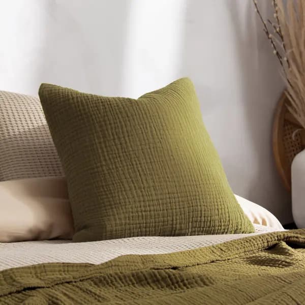 Lark Muslin Crinkle Cotton Cushion Khaki, Khaki / 45 x 45cm / Polyester Filled