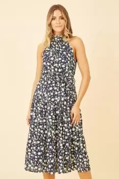 Navy Halter Neck Floral Midi Dress