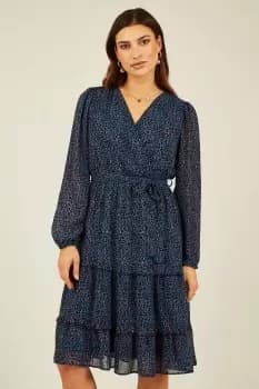 Blue Animal Print Wrap Long Sleeve Midi Dress