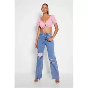 I Saw It First Pink Textured Gingham Puff Sleeve Cropped Bralet - Pink