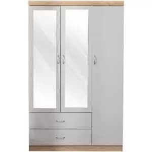 Hmd Furniture - Wooden Mirrored Wardrobe with 3 Doors and 2 Drawers, Hanging Rail and Space Saving for Bedroom Furniture,114x51x182.5cm(WxDxH) - Grey