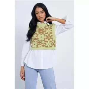 I Saw It First Lime Green Flower Jacquard Cropped Knitted Vest - Green