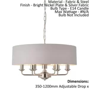 Ceiling Pendant Light - Bright Nickel Plate & Silver Fabric - 6 x 40W E14
