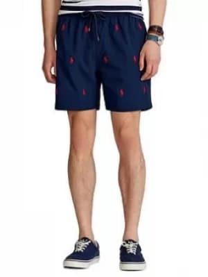 Polo Ralph Lauren Polo Ralph Lauren Traveller Allover Logo Swim Shorts, Newport Navy, Size S, Men