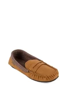 Suedette Moccasin Slippers with Check Lining