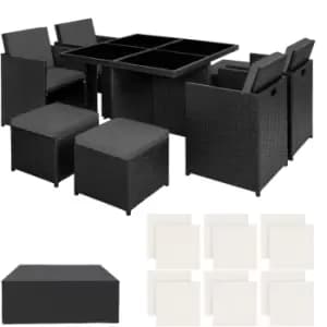 Tectake Manhattan 8-seater Rattan Dining Set W/ Protective Cover - Black/Cream Cushions