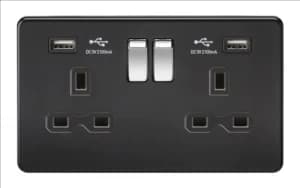 KnightsBridge 13A 2G Matt Black 2G Switched Socket with Dual 5V USB Charger Ports - Black Insert