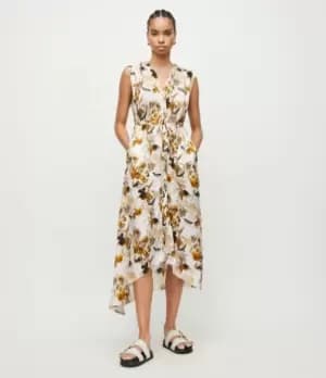 AllSaints Womens Womens Viscose Relaxed Fit Tate Soleil Maxi Dress, Yellow, White and Black, Size: 10, Yellow/White/Black