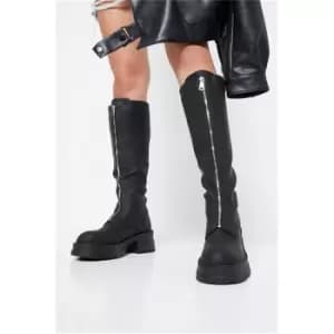 I Saw It First Black Zip Front Chunky Wellie Style Knee High Boots - Black