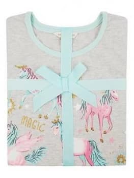 Monsoon Girls Organic Unicorn Jersey And Woven Pyjama Set - Oatmeal