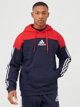 Adidas 3 Stripe Panel Overhead Hoodie - Red/Navy