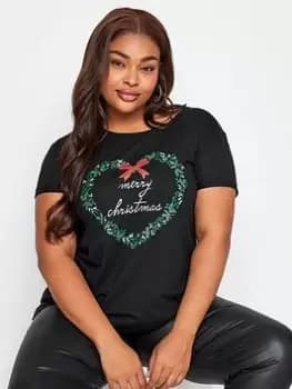 Yours Novelty Tee - Christmas Wreath, Black, Size 14, Women