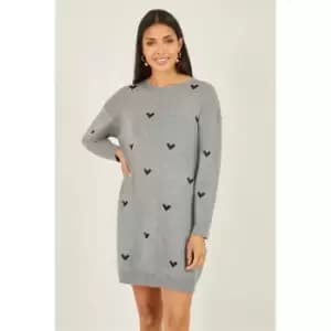 Yumi Grey Heart Print Relaxed Fit Tunic Dress - Grey